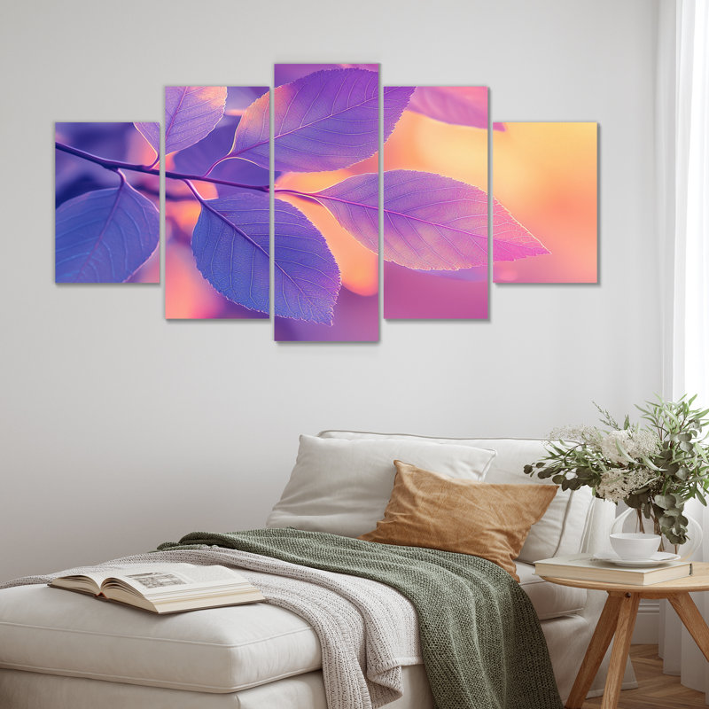 Coucher de soleil sur feuilles II - feuilles - art mural feuilles - art mural traditionnel sur toile losange