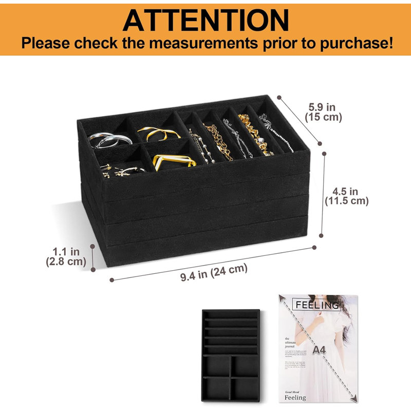 4 plateaux de rangement pour bijoux empilables 4 couches avec séparateurs amovibles - Noir, Allblack