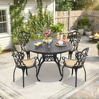 4-Person Round Outdoor Patio Dining Set with Off-White Cushions, Cast Aluminum Weatherproof Set for Balcony, Poolside & Garden