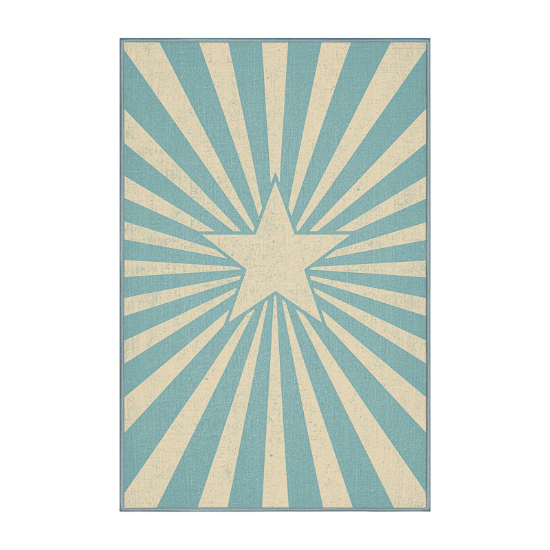 Tapis lavable à la machine à motif abstrait moderne et contemporain Laverock du 4 juillet beige - Reliure bleu ciel, 4 x 6