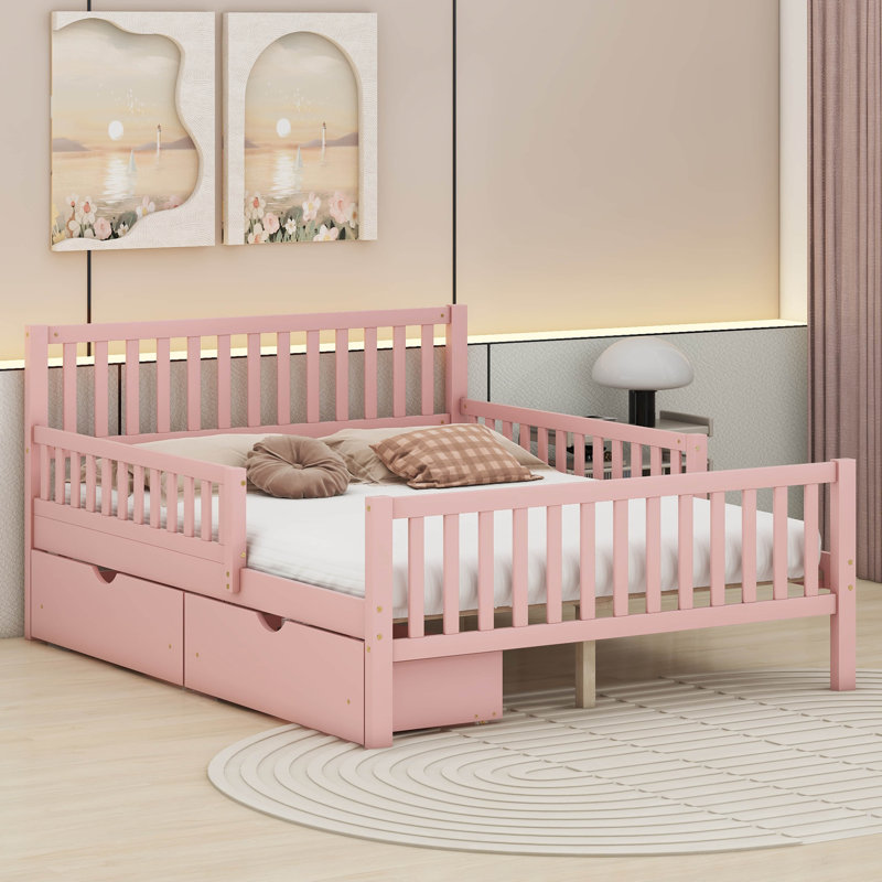 Lit plateforme en bois avec garde-corps des deux côtés et deux tiroirs, Rose, Double