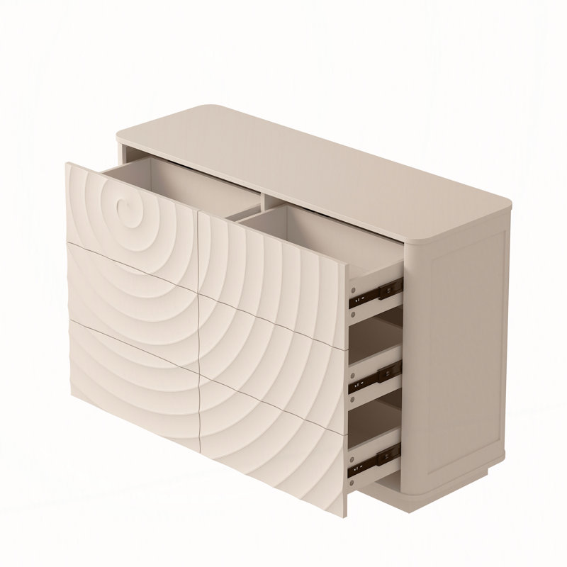 Commode 6 tiroirs moderne avec grain en spirale 3D et conception sans poignée, Off White