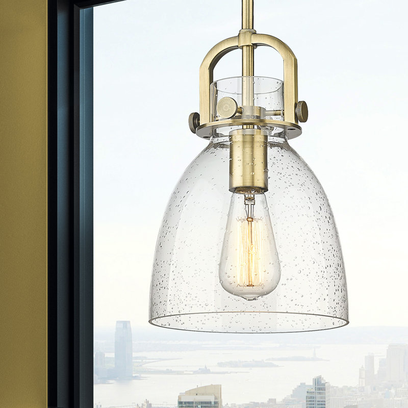 Wimbush 1 Light Stem Hung Pendant, Brushed Brass, Seedy, 9.63" H x 8" W x 8" D