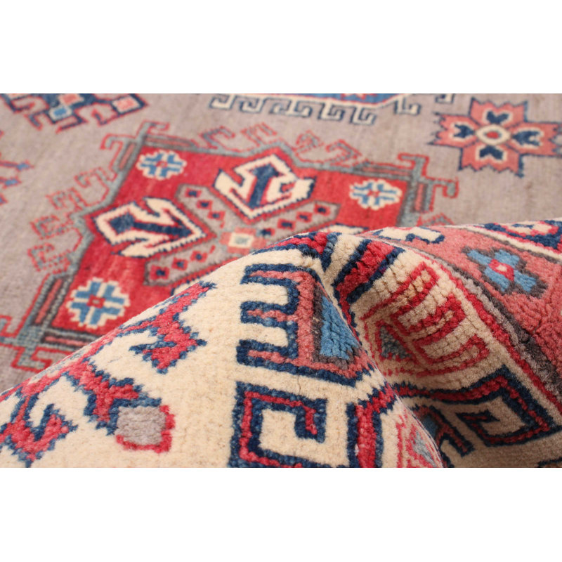 Tapis rouge / bleu / saumon en laine noué à la main de conception unique nouvel âge 6 pi 4 po x 10 pi Putman