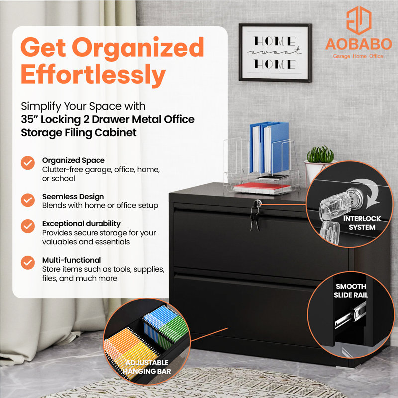 Aobabo Black Locking 2 Drawer Steel Filing Cabinet