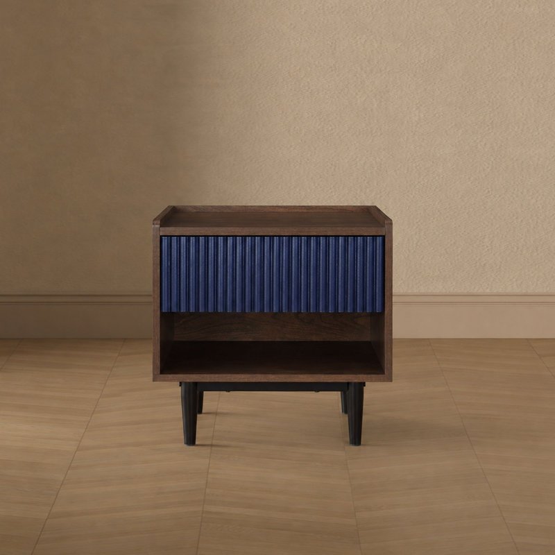 Duane 20" W Mid-Century Modern Nightstand with Full Extension Drawer and Shelf in Navy Blue, Dark Brown/Navy Blue