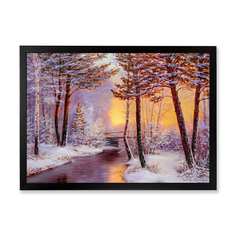 Sunshine Through Snowy Winter Landscape Vii - reproduction d'art sur toile, Impression noire sur toile encadrée