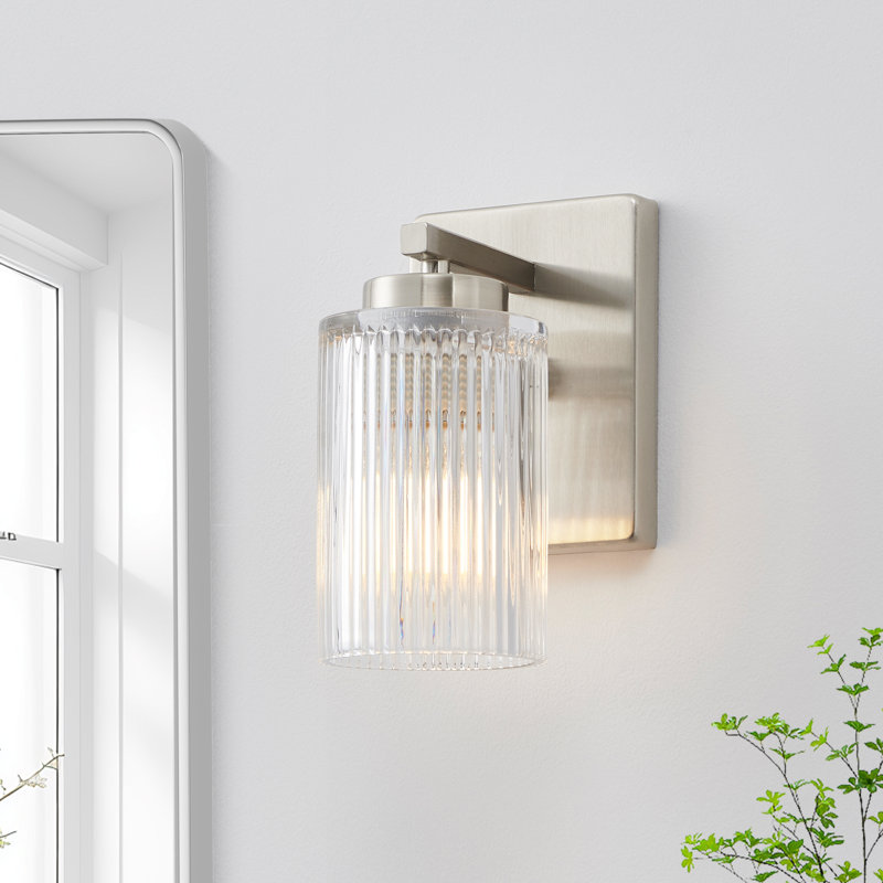  Applique murale à bras 1 lumière / simple avec abat-jour en verre transparent nervuré, Nickel brossé