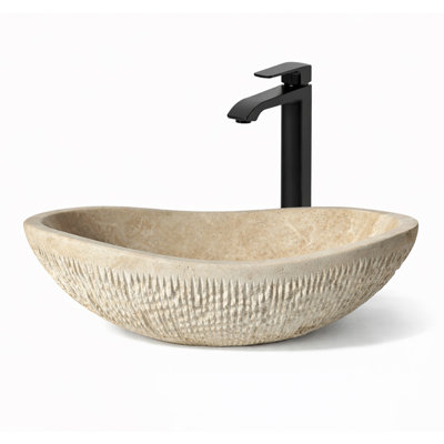 Oval Yellow Travertine Vessel Sink – Natural Stone Above Counter Bathroom Basin, Canoe Shape Vanity Sink