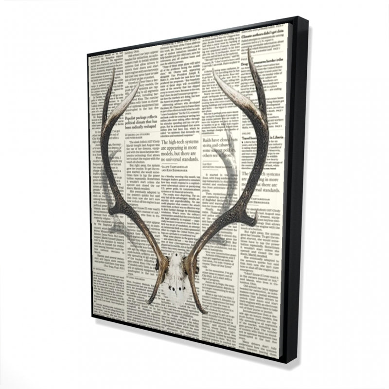 Cornes de cerf avec journal | Toile grise décorative encadrée