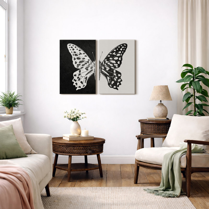 «Black and White Butterfly Animals», œuvre d'art neutre encadrée sur toile, 2 pièces, H 36 po x l 48 po, Toile tendue