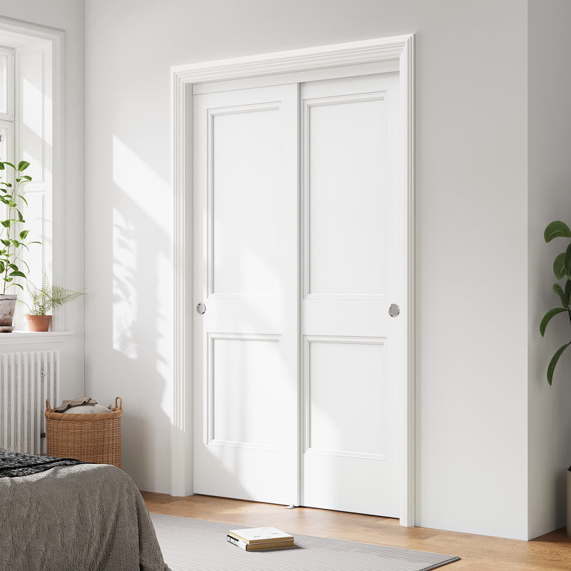 Aucun assemblage requis Fini - portes de placard coulissantes à 2 panneaux plats lisses blancs de 48 po x 80 po avec trousse de quincaillerie d'installation et poignée