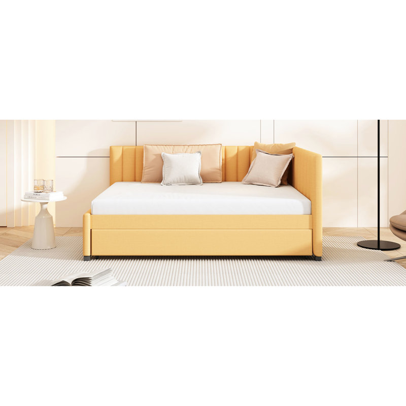Lit de jour rembourré avec lit gigogne en lin jaune, sans sommier tapissier, structure en bois pour optimiser l'espace, Jaune