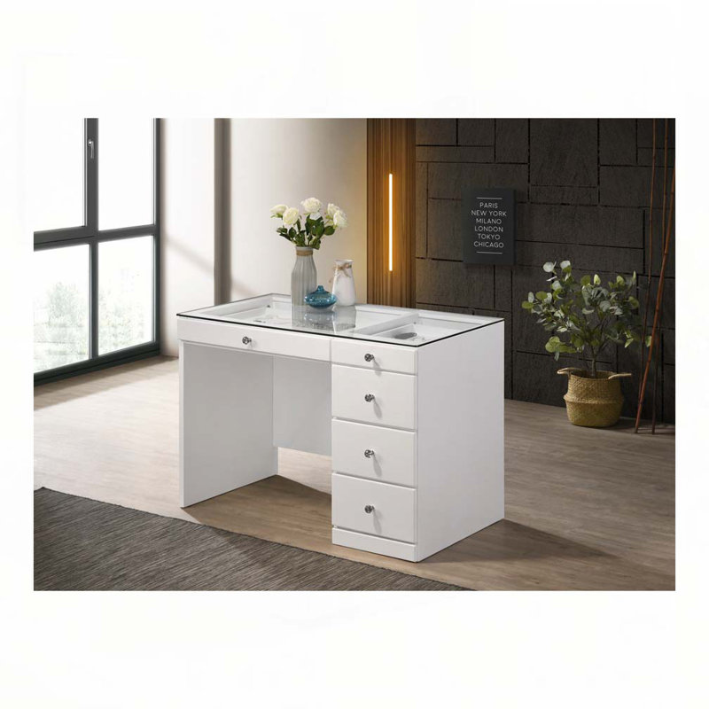 Meuble-lavabo 1 pièce avec plateau en verre et 5 tiroirs en cristal blanc, Blanc
