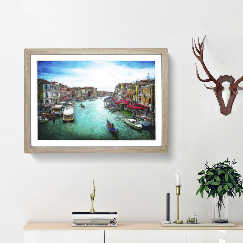 Gondolas in Venice Italy - Picture Frame Graphic Art Print, 62cm H x 87cm W x 2cm D, Oak Framed
