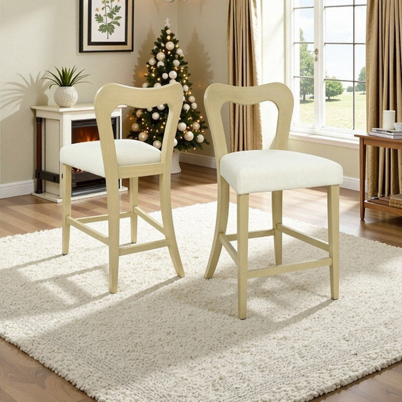Ensemble de 2 tabourets à hauteur de comptoir en bois d'hévéa massif sans accoudoirs, Blanc, Naturel
