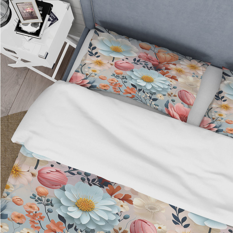 Literie Delight à motif floral rose et beige III, Housse de couette simple + 1 taie décorative stan