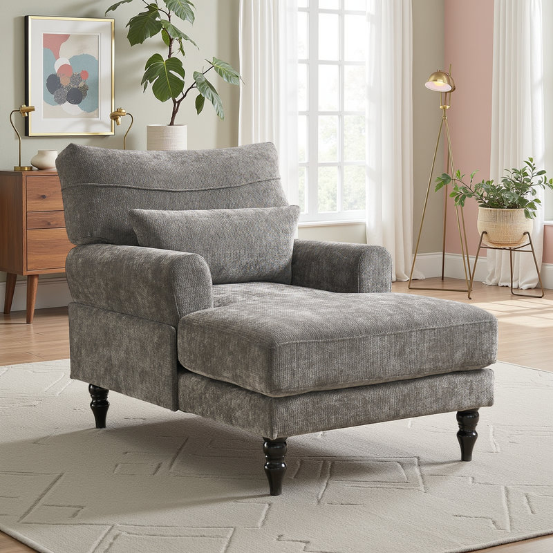 Wide Chaise Lounge Chair with Backrest & Armrest, Upholstered Recliner Sofa, Gray