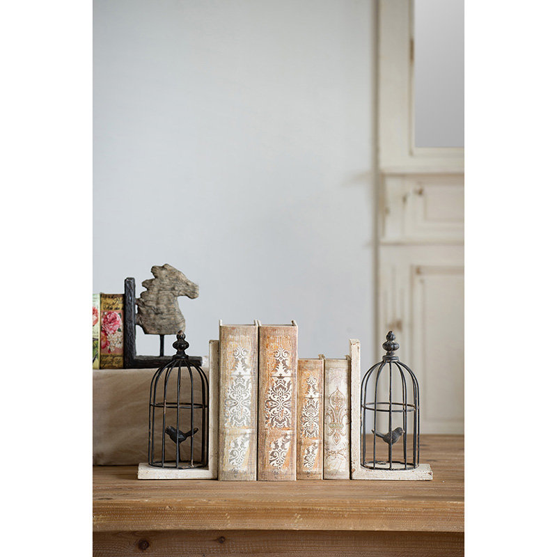 S/2 5.5x4.5x10"  Distressed Black Bird Cage Bookend, Antique white