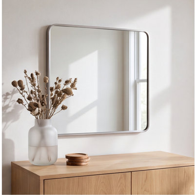 Miroir mural 36 po x 36 po avec cadre carré en aluminium argenté et miroir de salle de bain HD