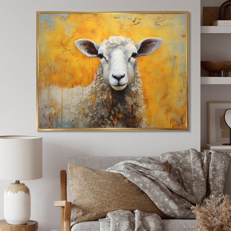 Encaustique jaune et mouton beige I - impression, H 30 po x l 40 po x P 1,5 po, Cadre flottant doré