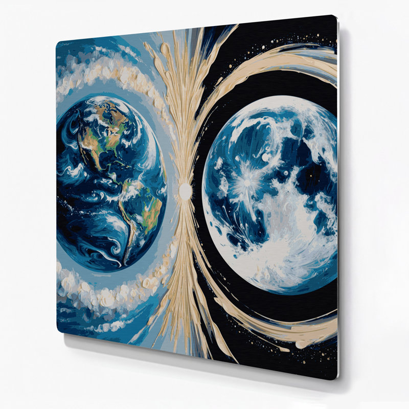 «Space Earth Moon», art mural gris en métal, H 12 po x l 12 po