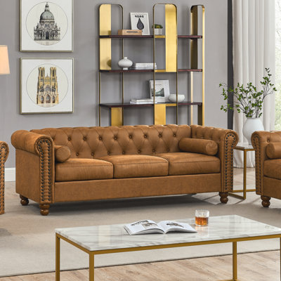 Jhosep 80'' Faux Leather Sofa, Nailhead Tufted Couch With Pillows