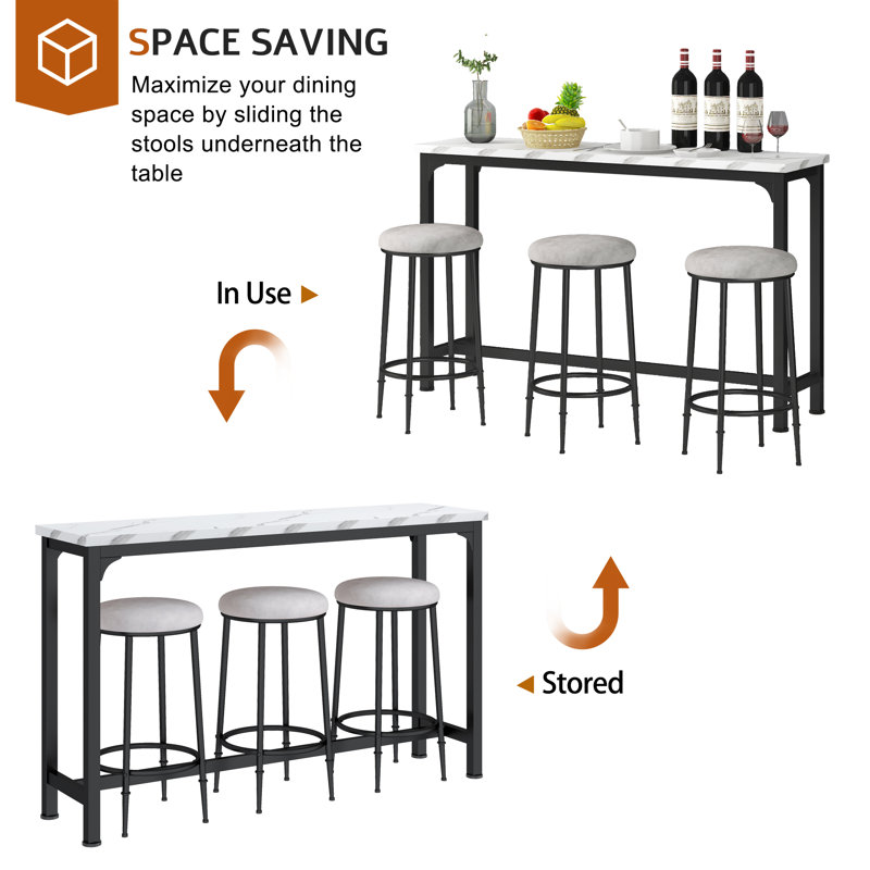 Kyrie Modern Kitchen Counter Height Dining Table Set with 3 Bar Stools, Black, White