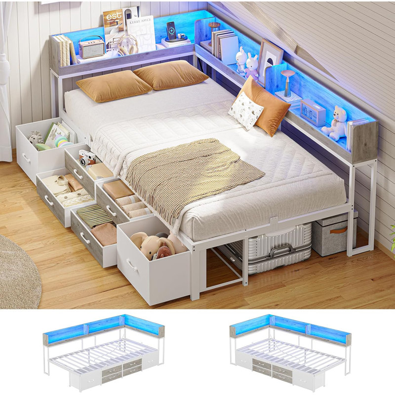 Daybed with 6 Drawers LED Corner Bed with Bookcase & Charging Station Metal Platform Bed Frame for Bedroom, Guest Room