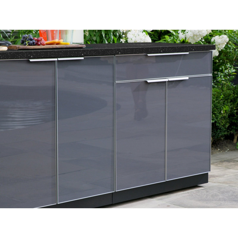 Ensemble d'armoires d'extérieur 5 pièces en aluminium gris ardoise avec roulettes et 3 tiroirs, bar, armoire de barbecue, barbecue au propane liquide de 40 po et plateau en pierre d'ingénierie noire de 64 po