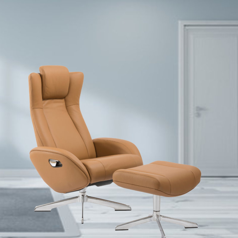 Wapato Upholstered Swivel Recliner, Camel Leather Match