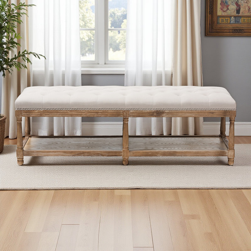 Banc Zephyr en chêne vieilli et beige de style champêtre français, H 18,61 po x l 57,34 po x P 18,63 po