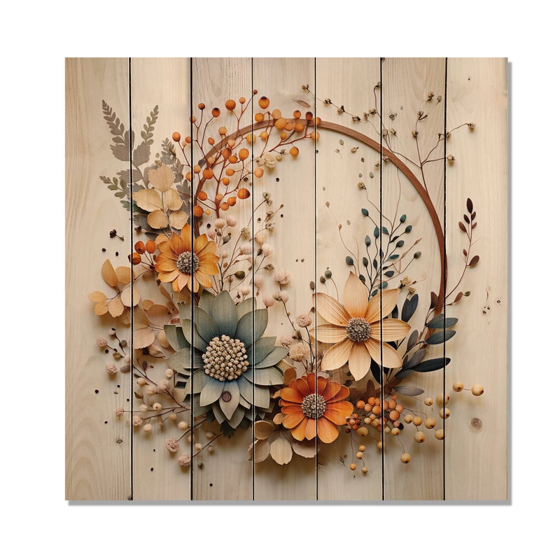 Couronne florale beige et orange Kaydynce I sur bois, H 25 po x l 25 po x P 0,78 po