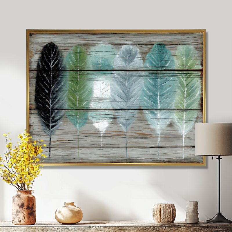 «Boho Wood Texture Feather», reproduction d'art sur toile, Boho, H 34 po x l 44 po, Cadre flottant, Doré