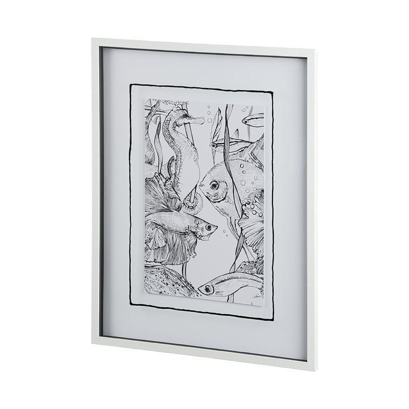 Fish White a Hand Embelished Textured Framed Art Print Matted under Glass, Fish White