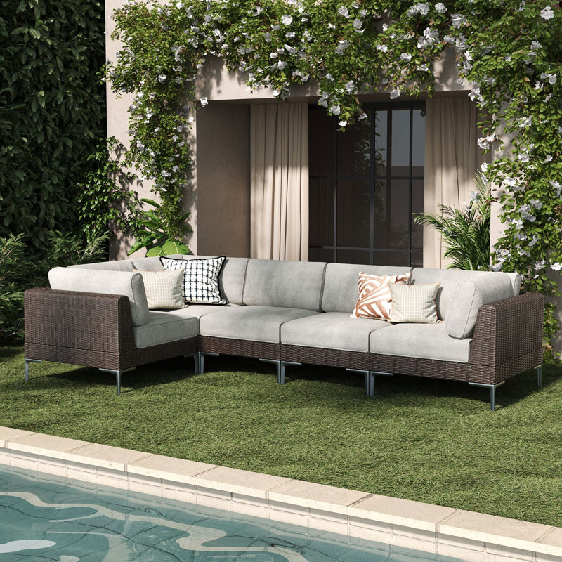  5-piece Wicker Rattan Patio Furniture Set, Deep Seating Outdoor Modular Sectional Sofa Conversation Set With Thick Cushions For Lawn, Garden