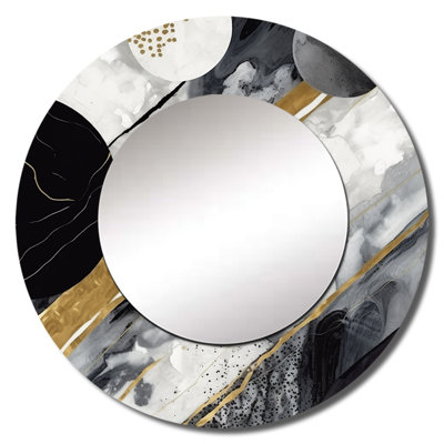 Phoebi Black Gold Fusion Of Marble I - Marble Decorative Wall Mirror, Black Round Mirror, Printed Metal Art
