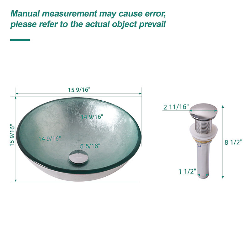 Lavabo de salle de bain vasque en verre trempé avec bonde escamotable, Argent, Argent