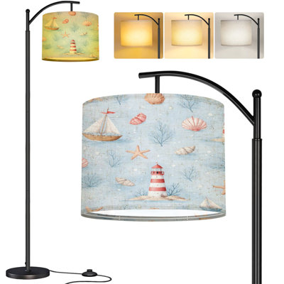  Arc Floor Lamp Nautical Sailboats Lighthouses Starfish Seashells Light Blue Tall Modern Standing Lamp LED Adjustable Linen Lampshade 3 Color Temperatures