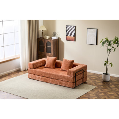 Plancher convertible orange à 3 places, lit futon à compression avec dossier et accoudoirs, tissu en chenille pour le canapé relaxant du matin, séances de jeu