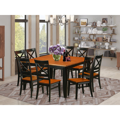 9 Piece Dining Room Furniture Set Includes a Square Wooden Table with Butterfly Leaf and 8 Kitchen Dining Chairs, 54x54 Inch, Black & Cherry