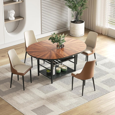 Extendable 47"–63" Round Dining Table Set with Storage Shelf, Walnut Solid Wood Top & Metal Base, Includes 4 Upholstered Chairs