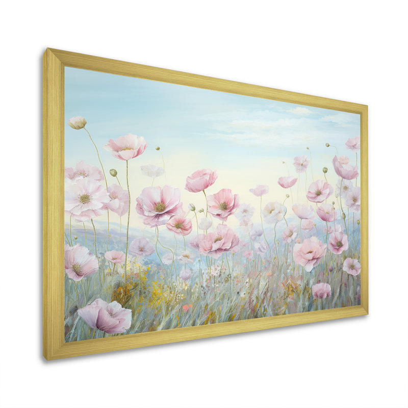 «Pink Ranunculus Field In Mountain I», reproduction sur toile, Cadre doré simple, H 24 po x l 32 po x P 1 po
