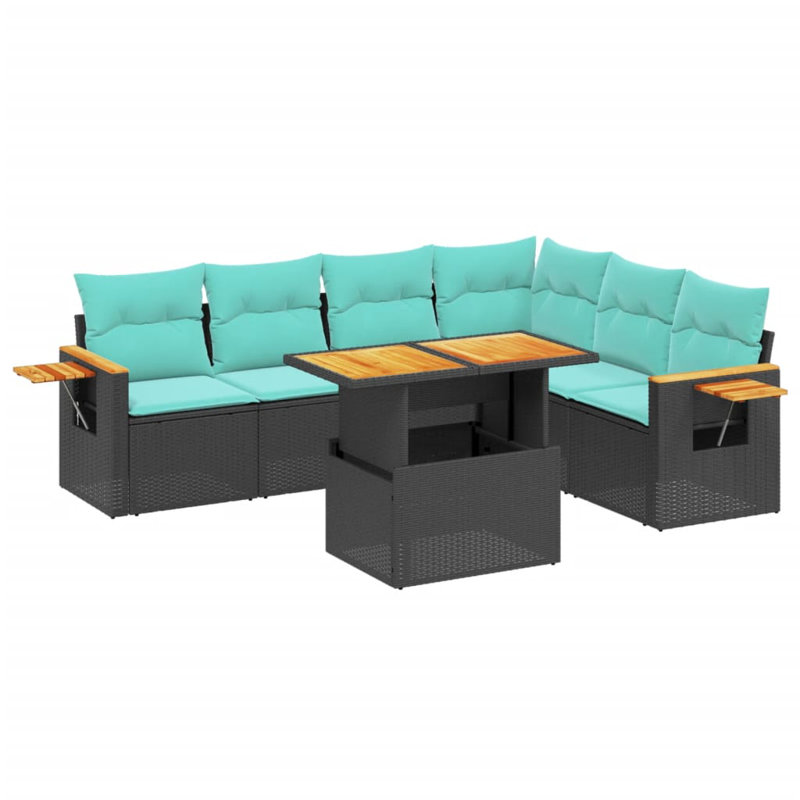  Ensemble de canapé de patio 7 pièces avec coussins en rotin de polyester, Noir, Vert