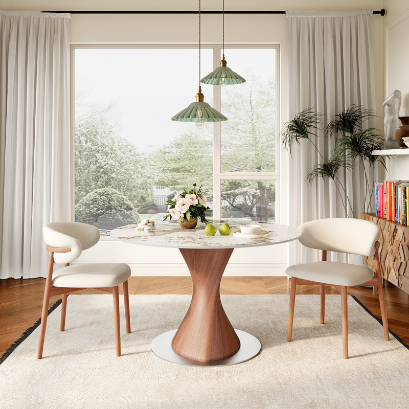Modern Round Dining Table with Sintered Stone Top & Solid Wood Pedestal Base for 2-4, Pandora, 29.53" H x 43.3" W x 43.3" D