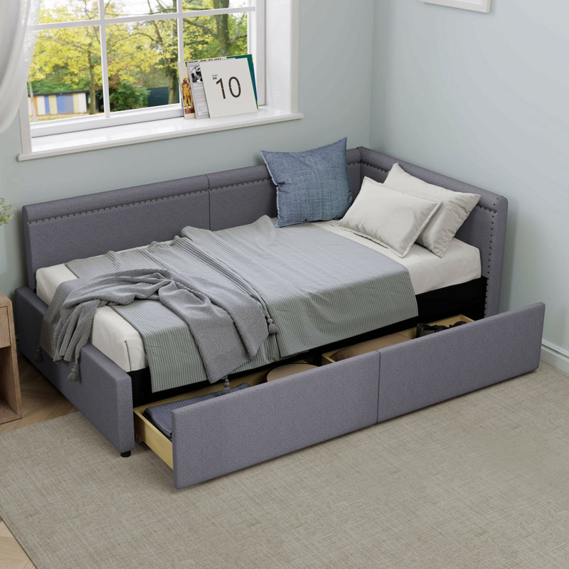 Lit de coin en L de style moderne avec lit simple en lin et deux tiroirs de rangement, Gris