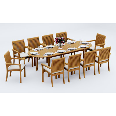 Ensemble de salle à manger 9 pièces en bois de teck de qualité A: table ovale à double extension 94 po et chaises empilables Lua # 11LU2208