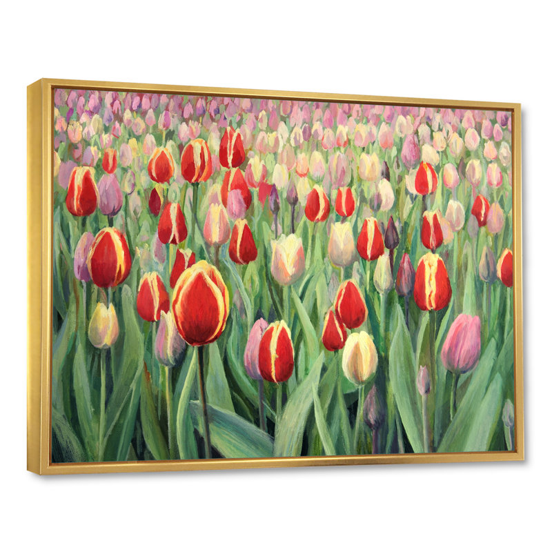Tulipes, champ de fleurs, reproduction sur toile, H 30 po x l 40 po x P 1,5 po, Cadre flottant doré