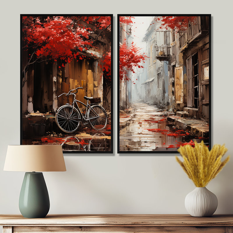 «Crimson Ride Red Flowers I» - Grand vélo, reproduction d'art sur toile, H 36 po x l 48 po, Noir