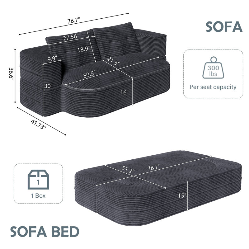 Lozena Boneless 79'' Convertible Corduroy Sleeper Sofa Bed, 15'' Thick Full-Size Compression Mattress Couch, Dark Gray
